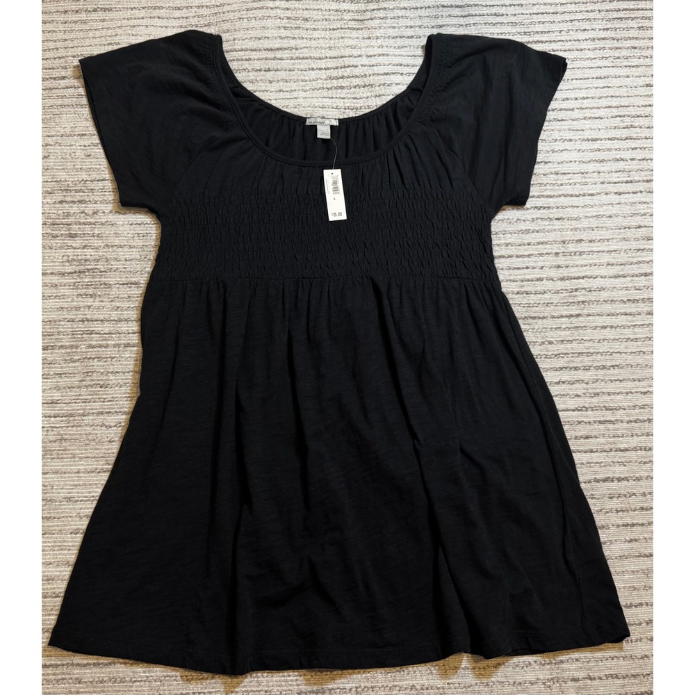 Old Navy Black Smocked Babydoll Mini Dress Short Sleeve Scoop Neck Large NWT
